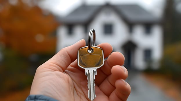Caucasian hand holding keys in front of new house. Neural network generated image. Not based on any actual person or scene.
