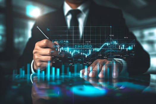 Businessman sketching a growing virtual hologram of statistics, graphs, and charts. Representing the stock market and sales data analysis. Neural network generated image. Not based on any actual person or scene.