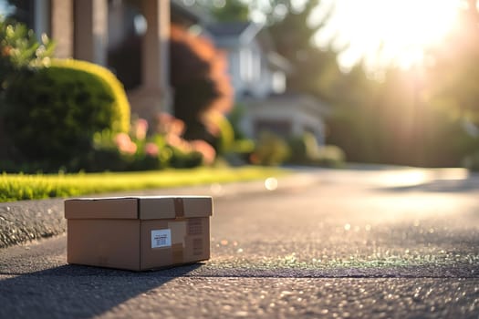 Cardboard box in front of residential home entrance at sunny day. Neural network generated image. Not based on any actual person or scene.