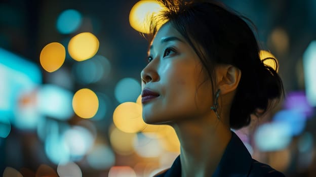 Close up of a young successful Asian business woman looking at the night city with professional cinematic light. Neural network generated image. Not based on any actual person or scene.