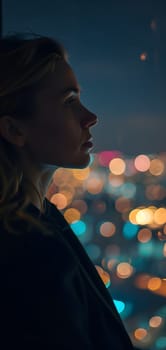 Close up of a young successful Caucasian business woman looking at the night city with professional cinematic light. Neural network generated image. Not based on any actual person or scene.