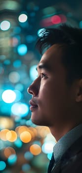 Close up of a young successful Asian business man looking at the night city with professional cinematic light. Neural network generated image. Not based on any actual person or scene.