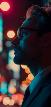 Close up of a young successful Caucasian business man looking at the night city with professional cinematic light. Neural network generated image. Not based on any actual person or scene.