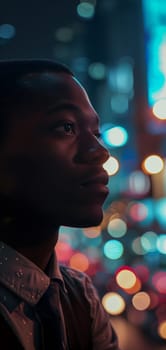 Close up of a young successful African American businessman looking at the night city with professional cinematic light. Neural network generated image. Not based on any actual person or scene.