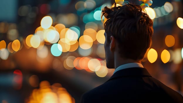 Close up of a young successful Caucasian business man looking at the night city with professional cinematic light. Neural network generated image. Not based on any actual person or scene.