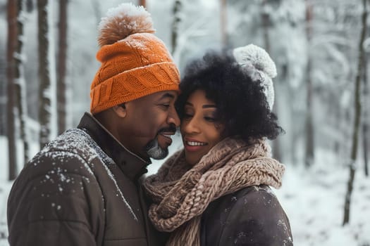 Young adult heterosexual African American couple in beautiful snowy winter nature. Neural network generated image. Not based on any actual scene or pattern.