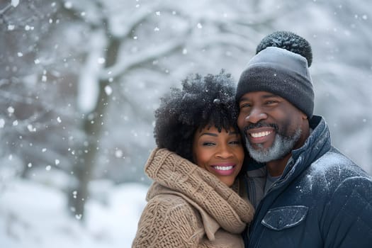 Adult heterosexual African American couple in beautiful snowy winter nature. Neural network generated image. Not based on any actual scene or pattern.