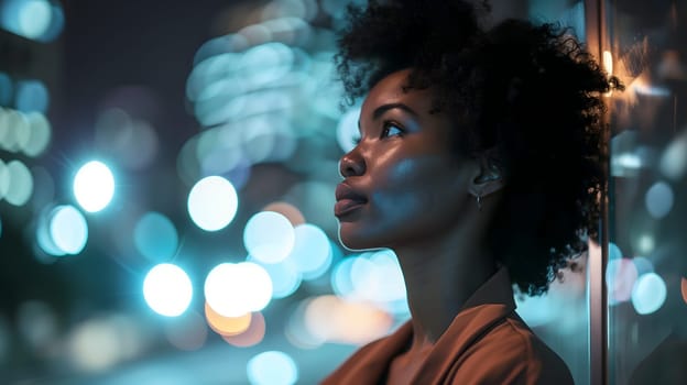 Close up of a young adult successful African American business woman looking at the night city with professional cinematic light. Neural network generated image. Not based on any actual person or scene.