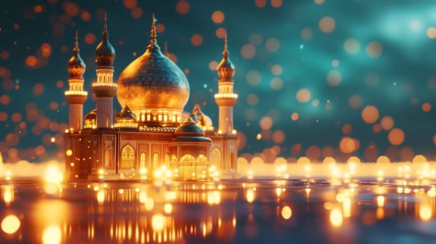 Ramadan mosque with starry night sky beautiful background. Neural network generated in January 2024. Not based on any actual scene or pattern.
