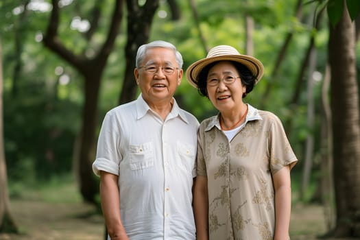 senior heterosexual Asian couple in beautiful summer nature. Neural network generated image. Not based on any actual scene or pattern.