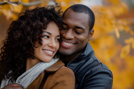 Young adult heterosexual African American couple in beautiful autumnal nature. Neural network generated image. Not based on any actual scene or pattern.