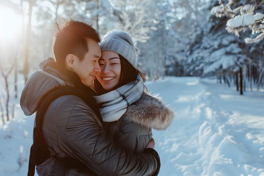 Young adult heterosexual Asian couple in beautiful snowy winter nature. Neural network generated image. Not based on any actual scene or pattern.
