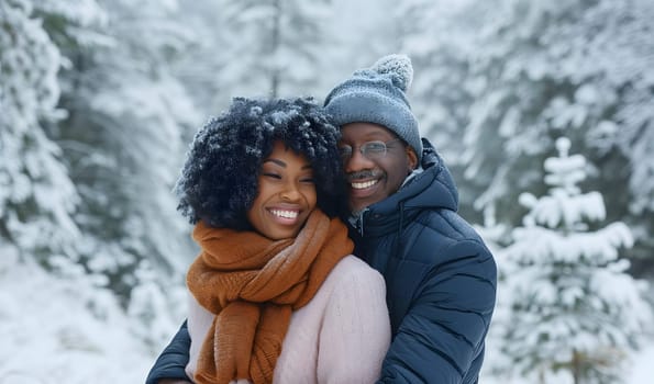 Young adult heterosexual African American couple in beautiful snowy winter nature. Neural network generated image. Not based on any actual scene or pattern.