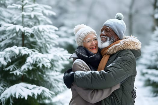 senior heterosexual African American couple in beautiful winter nature. Neural network generated image. Not based on any actual scene or pattern.