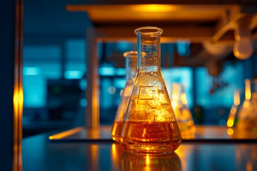 Close up of glass laboratory flasks filled with yellow liquid. AI generated