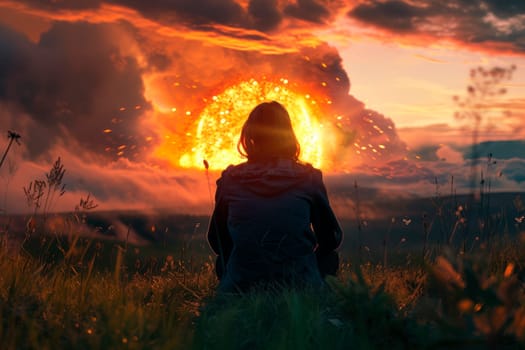 Rear view of a lonely woman is sitting on the grass watching an explosion. War, enemy attack concept. AI generated