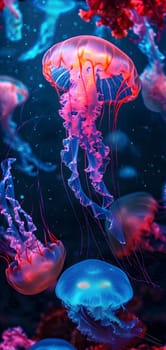 glowing sea jellyfishes on dark background, neural network generated art. Neural network generated in January 2024. Not based on any actual scene or pattern.