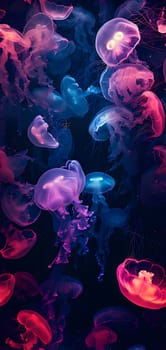 glowing sea jellyfishes on dark background and seamless texture. Neural network generated. Not based on any actual scene or pattern.