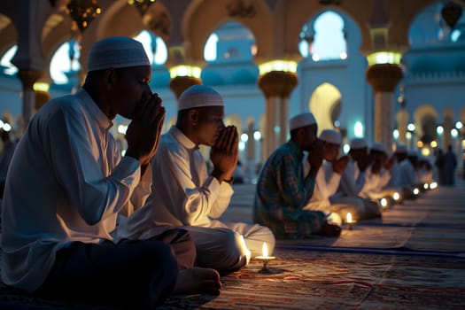 Muslim prayers in white clothes sitting in front of mosque at Ramadan night with selective focus. Neural network generated in January 2024. Not based on any actual scene or pattern.