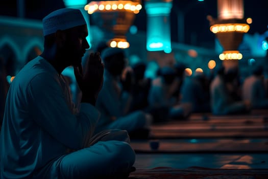 Muslim prayers in white clothes sitting in front of mosque at Ramadan night with selective focus. Neural network generated in January 2024. Not based on any actual scene or pattern.