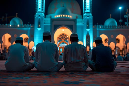 Muslim prayers in white clothes sitting in front of a mosque at Ramadan night with selective focus. Neural network generated in January 2024. Not based on any actual scene or pattern.