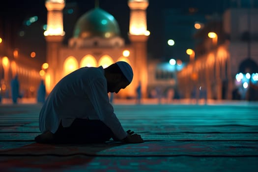 Muslim prayer praying at Ramadan night with selective focus. Neural network generated in January 2024. Not based on any actual scene or pattern.