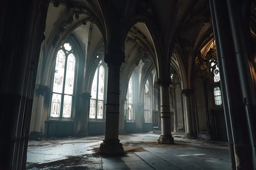 Dark gothic abandoned ancient chapel hall interior with tall windows and columns, foggy and empty. Neural network generated in January 2024. Not based on any actual scene or pattern.
