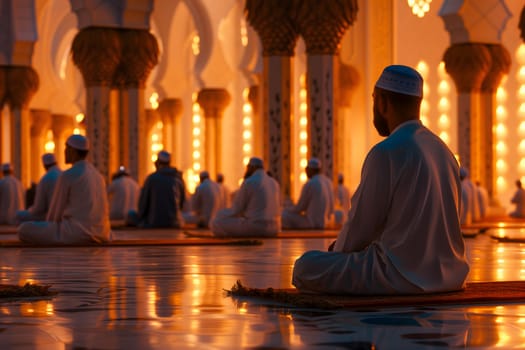 Muslim prayers in white clothes sitting in a mosque at Ramadan night with selective focus. Neural network generated in January 2024. Not based on any actual scene or pattern.