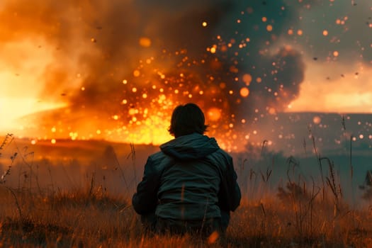 Rear view of a lonely man is sitting on a field watching an explosion. War, enemy attack concept. AI generated