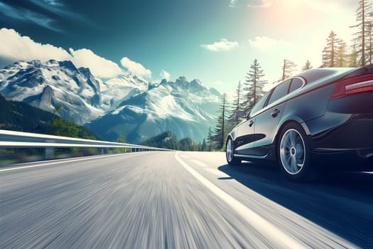 Car traveling with a mountain road at summer day. Neural network generated in January 2024. Not based on any actual scene or pattern.