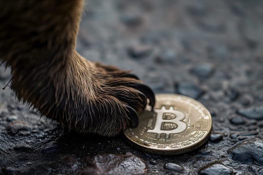 Bear paw stomping and holding down bitcoin shiner. Neural network generated image. Not based on any actual person or scene.