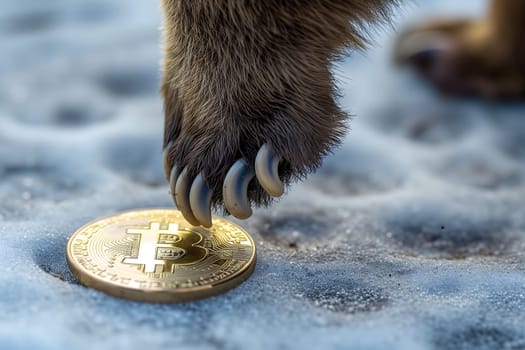 Bear paw stomping and holding down bitcoin shiner. Neural network generated image. Not based on any actual person or scene.
