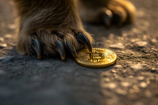 Bear paw stomping and holding down bitcoin shiner. Neural network generated image. Not based on any actual person or scene.