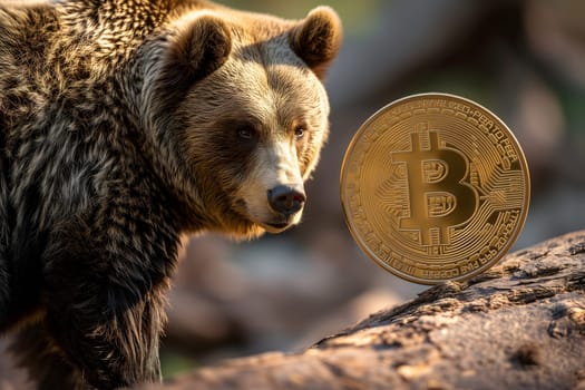 Bear with bitcoin shiner portrait for bearish down trend concept. Neural network generated image. Not based on any actual person or scene.
