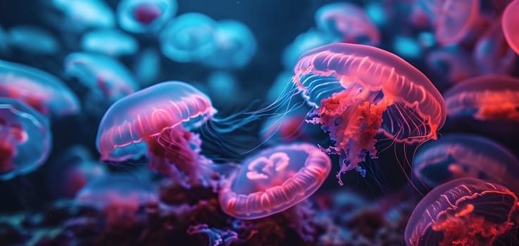 glowing sea jellyfishes on dark background, neural network generated art. Neural network generated in January 2024. Not based on any actual scene or pattern.