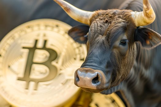 Bull with bitcoin. Bullish trend concept. Neural network generated image. Not based on any actual person or scene.