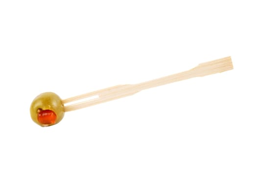Olive with paprika on wooden skewer isolated on white background