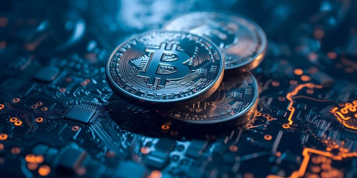 Bitcoin shiners laid over circuit board. Neural network generated image. Not based on any actual person or scene.