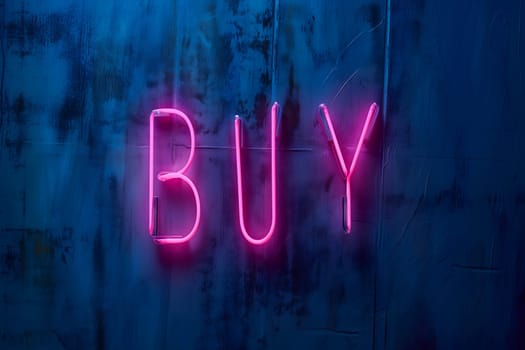 Neon inscription buy on dark shabby wall. Neural network generated image. Not based on any actual scene or pattern.