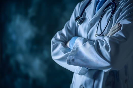 Abstract Medical Doctor, Symbolizing Compassion and Expertise asymmetrical composition with copy space. Neural network generated image. Not based on any actual scene or pattern.