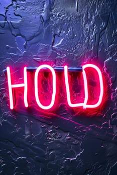 Neon inscription hold on dark shabby wall. Neural network generated image. Not based on any actual scene or pattern.