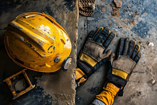 Old yellow hard hat at construction site. Neural network generated image. Not based on any actual scene or pattern.