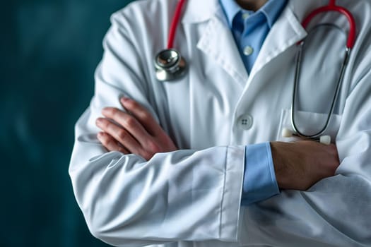 Abstract Medical Doctor, Symbolizing Compassion and Expertise asymmetrical composition with copy space. Neural network generated image. Not based on any actual scene or pattern.