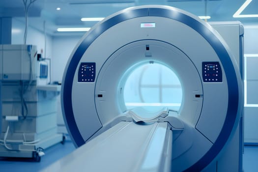 Advanced mri or ct scanner, medical diagnostic machine at hospital lab. Neural network generated image. Not based on any actual scene or pattern.