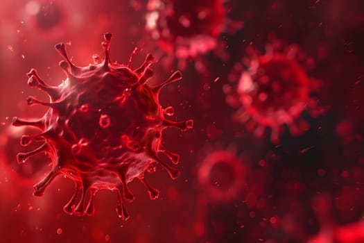 Red coronaviruses micro scene background. Neural network generated image. Not based on any actual scene or pattern.
