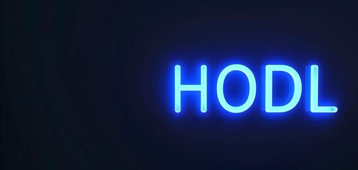 Neon inscription HODL on dark shabby wall. Neural network generated image. Not based on any actual scene or pattern.