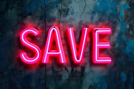 Neon word save on dark shabby wall. Neural network generated image. Not based on any actual scene or pattern.