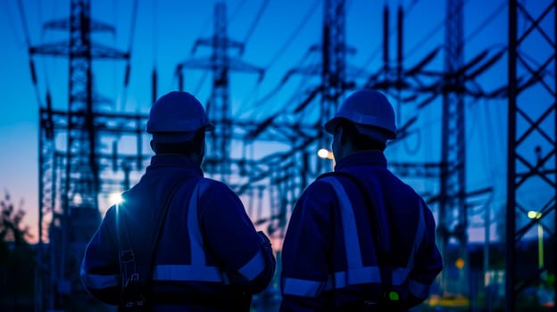 Silhouette of two engineers standing at electricity station. AI generated