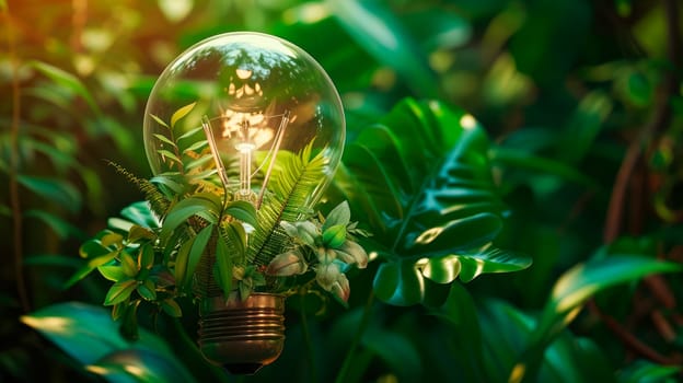 Light bulb with green leaves on tropical forest background. Concept of energy saving. AI generated