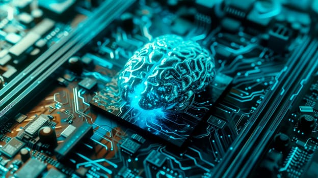 Artificial intelligence hardware concept. Glowing blue brain on computer motherboard. Big data processing,  machine learning, technology. AI generated